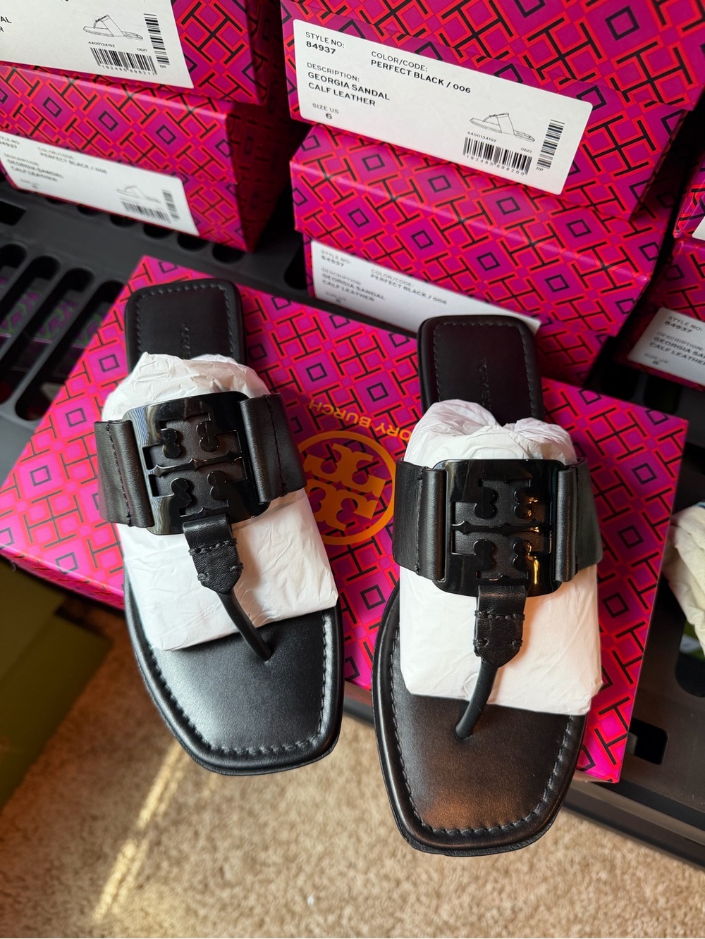 Tory Burch Black Leather Georgia Thong Sandals
